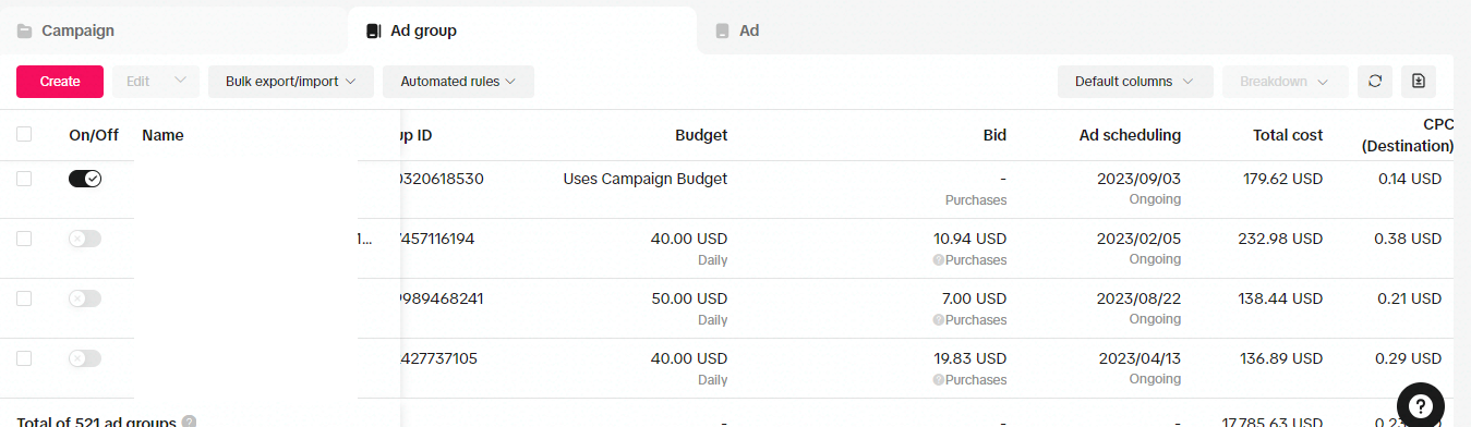 TikTok Ads Manager: $1,292.70 total cost, 343,930 impressions, 5,181 clicks, 1.51% CTR